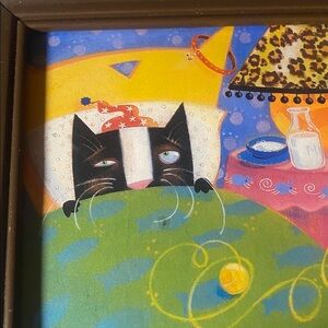 Colorful Cat Art Print in Brown Frame Whimsical Playful